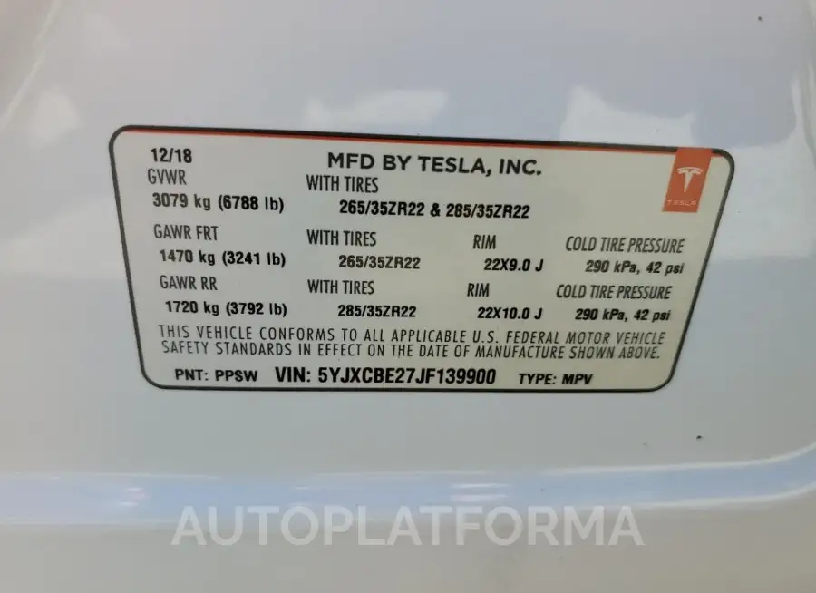 TESLA MODEL X 2018 vin 5YJXCBE27JF139900 from auto auction Copart