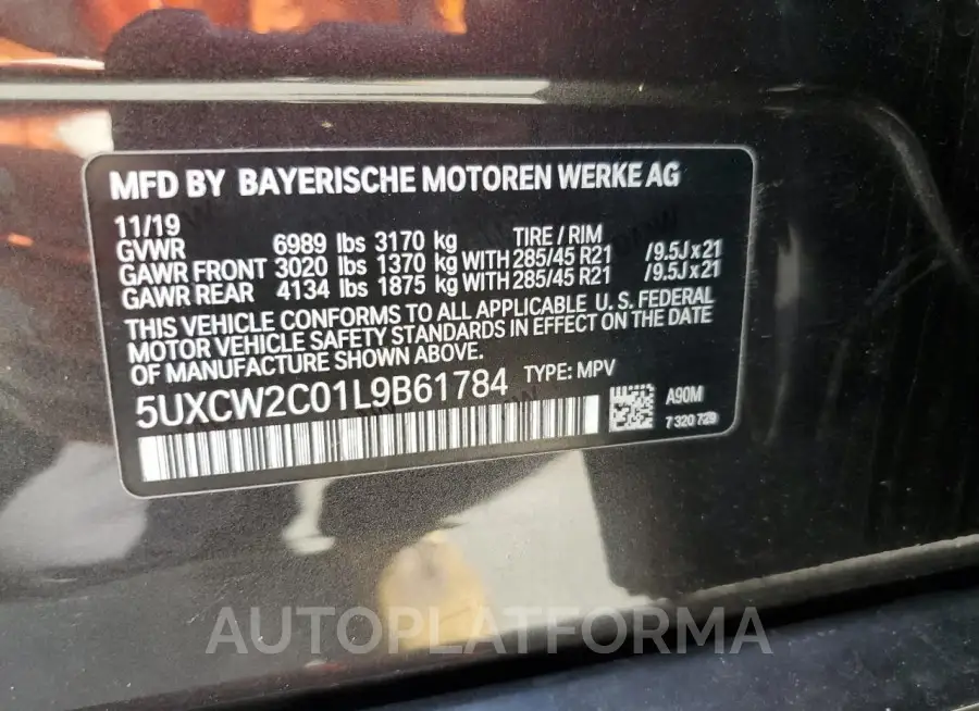 BMW X7 XDRIVE4 2020 vin 5UXCW2C01L9B61784 from auto auction Copart