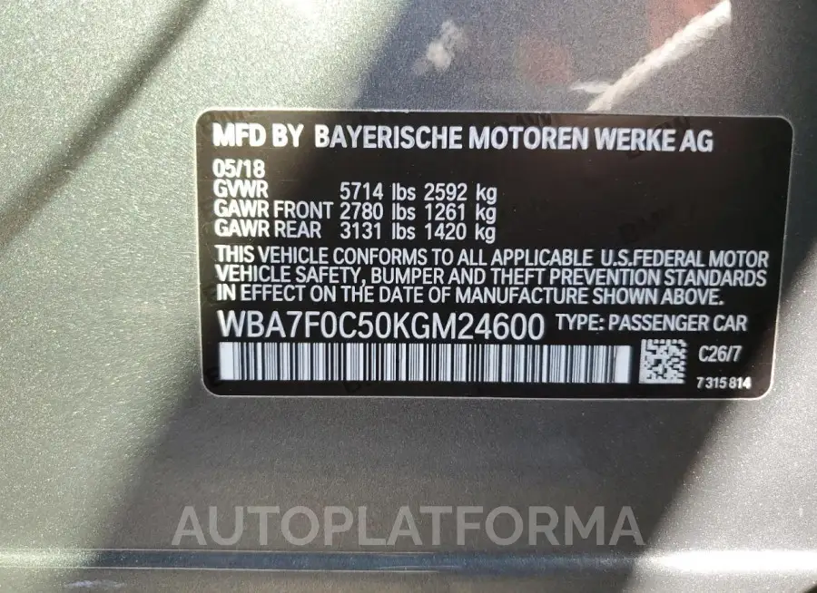 BMW 750 I 2019 vin WBA7F0C50KGM24600 from auto auction Copart