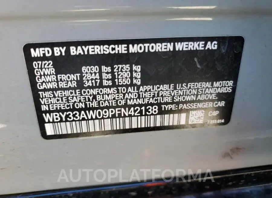 BMW I4 M50 2023 vin WBY33AW09PFN42138 from auto auction Copart