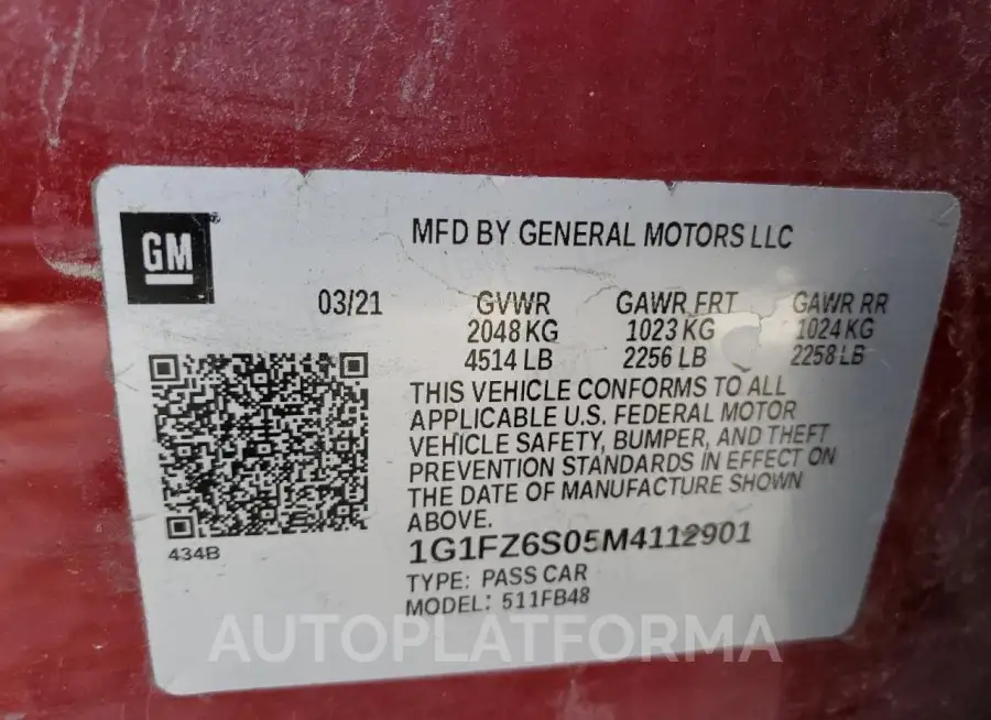 CHEVROLET BOLT EV PR 2021 vin 1G1FZ6S05M4112901 from auto auction Copart