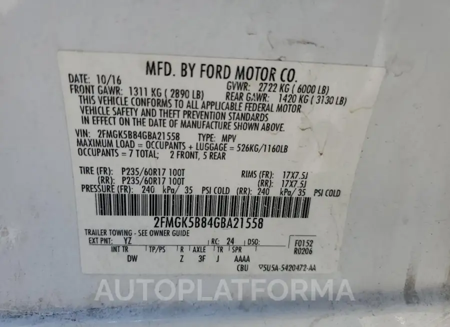 FORD FLEX SE 2016 vin 2FMGK5B84GBA21558 from auto auction Copart