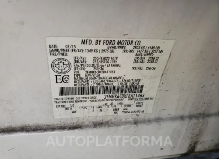 FORD FLEX SEL 2015 vin 2FMHK6C8XFBA11463 from auto auction Copart