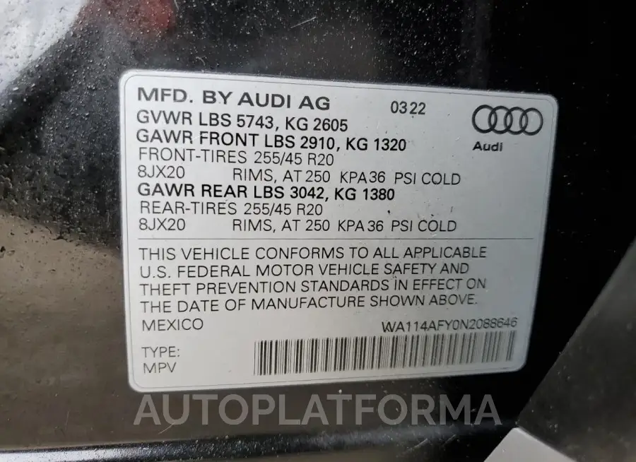 AUDI SQ5 SPORTB 2022 vin WA114AFY0N2088646 from auto auction Copart