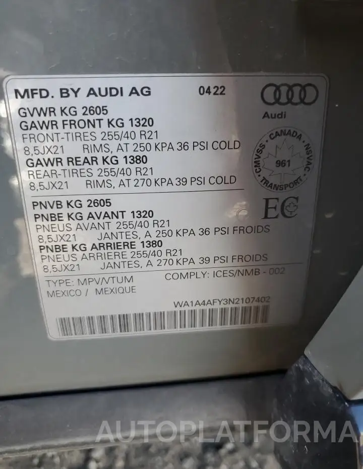 AUDI SQ5 PREMIU 2022 vin WA1A4AFY3N2107402 from auto auction Copart