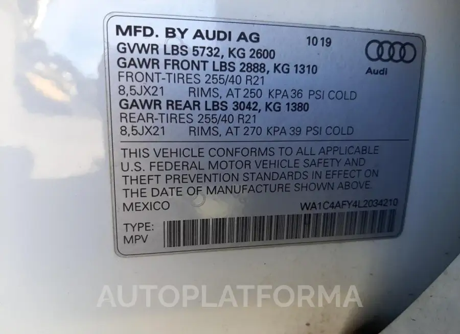 AUDI SQ5 PRESTI 2020 vin WA1C4AFY4L2034210 from auto auction Copart