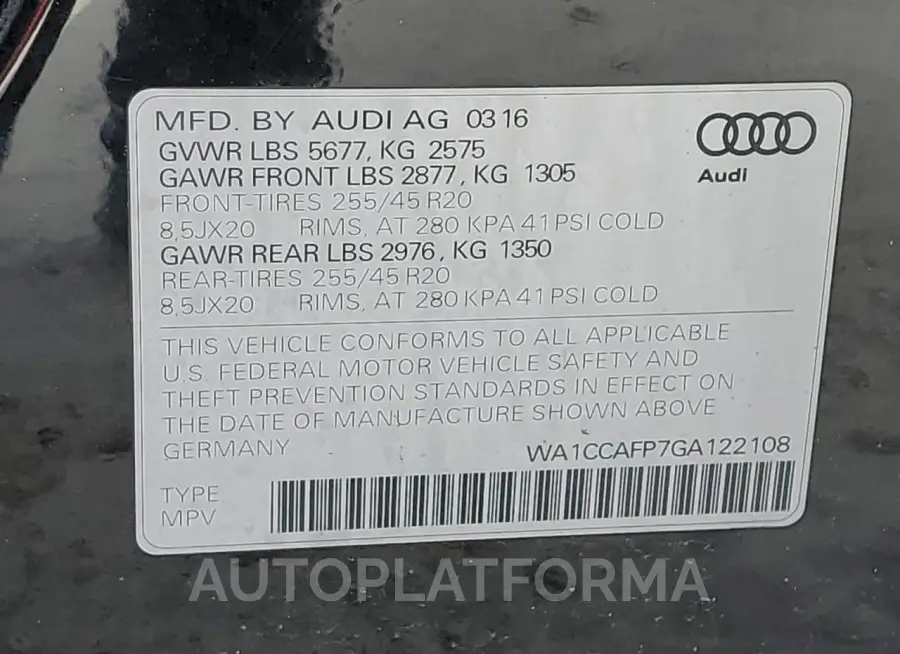 AUDI SQ5 PREMIU 2016 vin WA1CCAFP7GA122108 from auto auction Copart