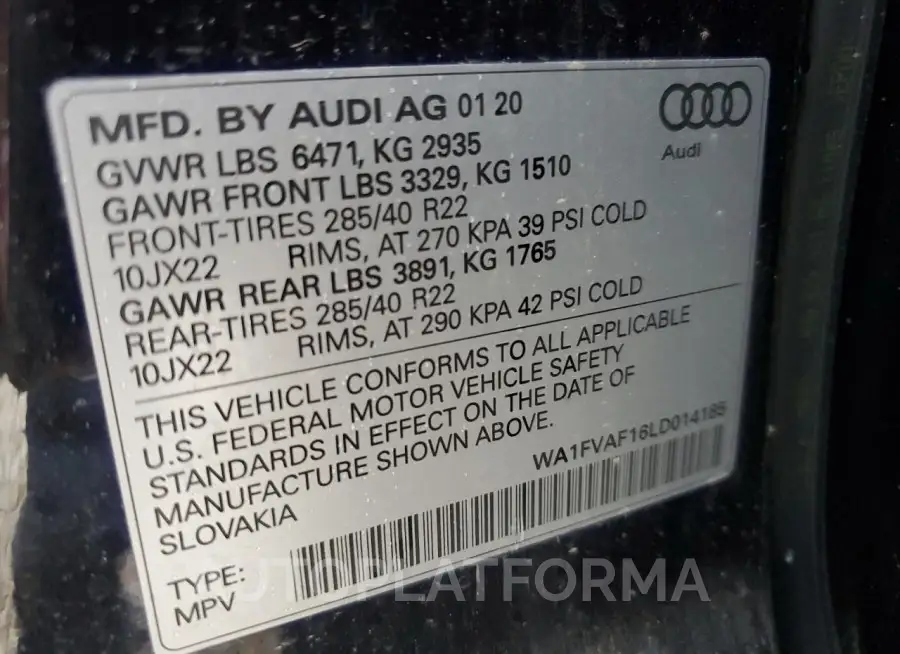 AUDI Q8 PRESTIG 2020 vin WA1FVAF16LD014185 from auto auction Copart