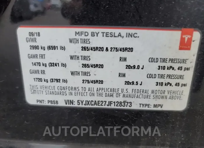 TESLA MODEL X 2018 vin 5YJXCAE27JF128373 from auto auction Copart