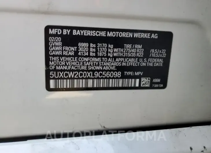 BMW X7 XDRIVE4 2020 vin 5UXCW2C0XL9C56098 from auto auction Copart