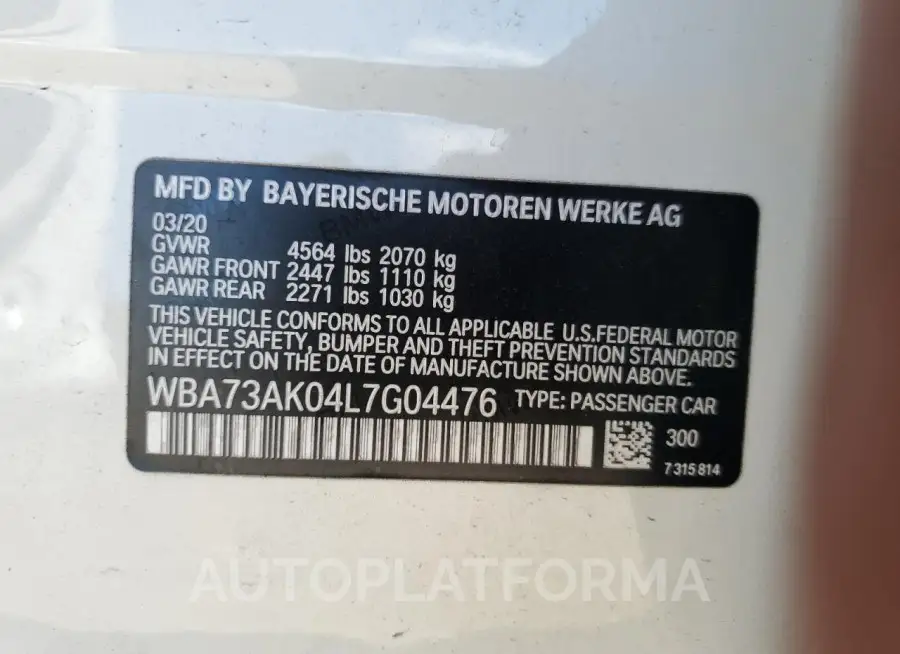 BMW 228XI 2020 vin WBA73AK04L7G04476 from auto auction Copart