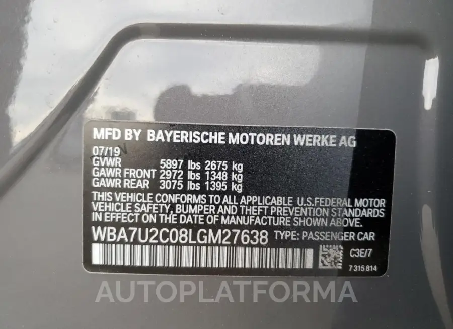 BMW 750 XI 2020 vin WBA7U2C08LGM27638 from auto auction Copart