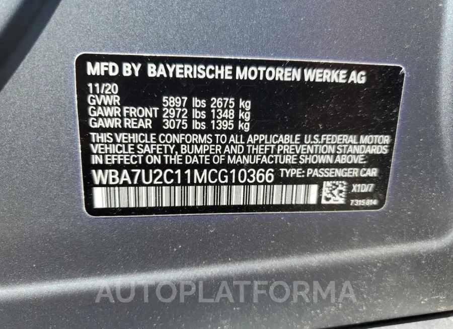 BMW ALPINA B7 2021 vin WBA7U2C11MCG10366 from auto auction Copart