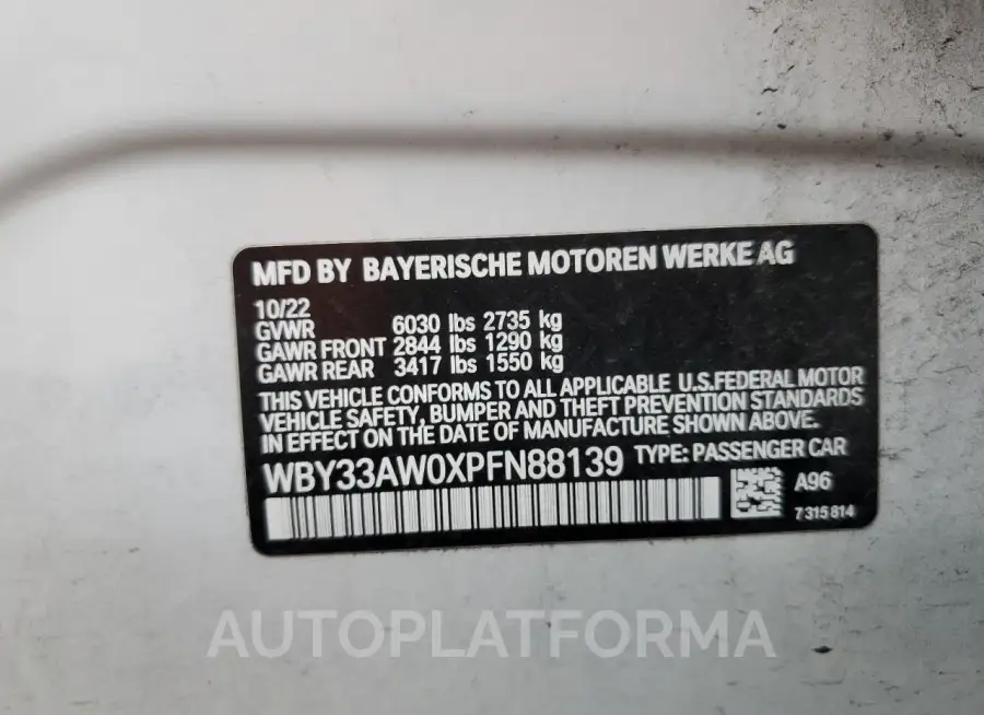 BMW I4 M50 2023 vin WBY33AW0XPFN88139 from auto auction Copart