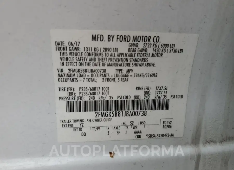 FORD FLEX SE 2018 vin 2FMGK5B81JBA00738 from auto auction Copart