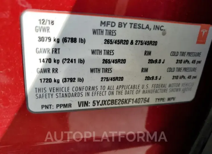 TESLA MODEL X 2019 vin 5YJXCBE26KF140764 from auto auction Copart