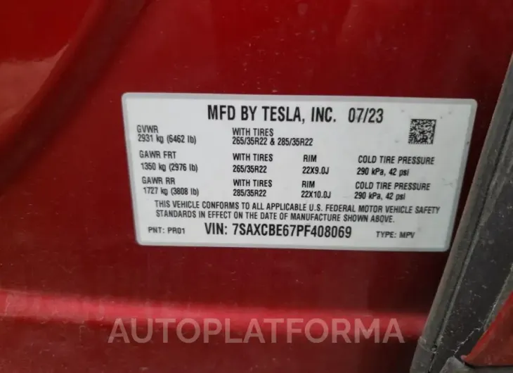 TESLA MODEL X 2023 vin 7SAXCBE67PF408069 from auto auction Copart