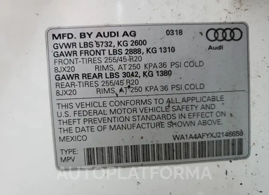 AUDI SQ5 PREMIU 2018 vin WA1A4AFYXJ2146658 from auto auction Copart