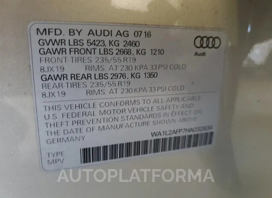 AUDI Q5 PREMIUM 2017 vin WA1L2AFP7HA032834 from auto auction Copart