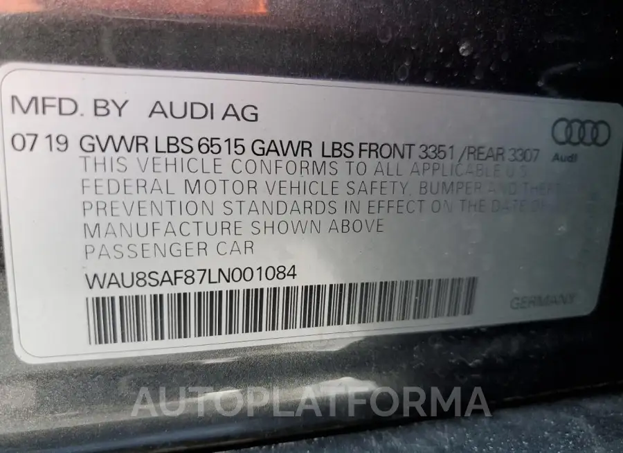 AUDI S8 2020 vin WAU8SAF87LN001084 from auto auction Copart