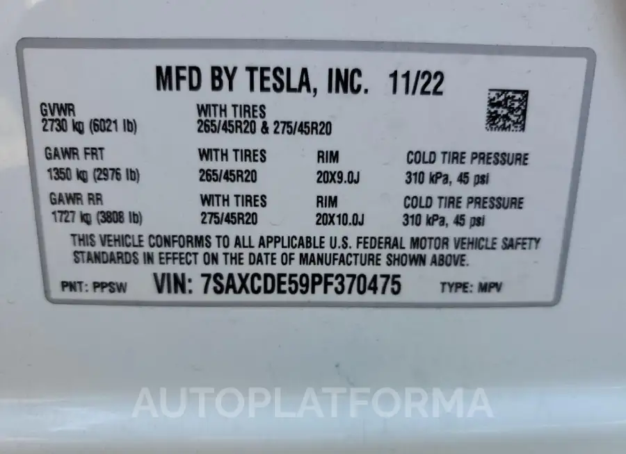 TESLA MODEL X 2023 vin 7SAXCDE59PF370475 from auto auction Copart