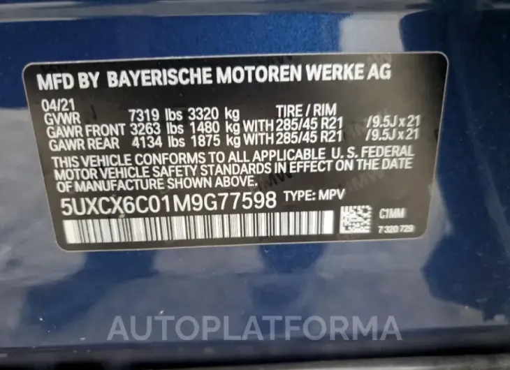 BMW X7 M50I 2021 vin 5UXCX6C01M9G77598 from auto auction Copart