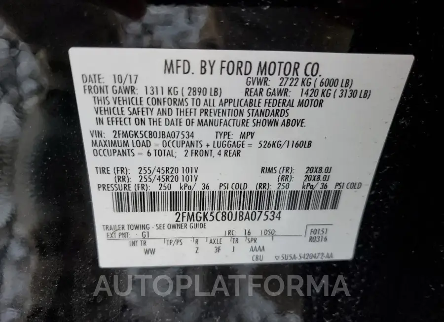 FORD FLEX SEL 2018 vin 2FMGK5C80JBA07534 from auto auction Copart