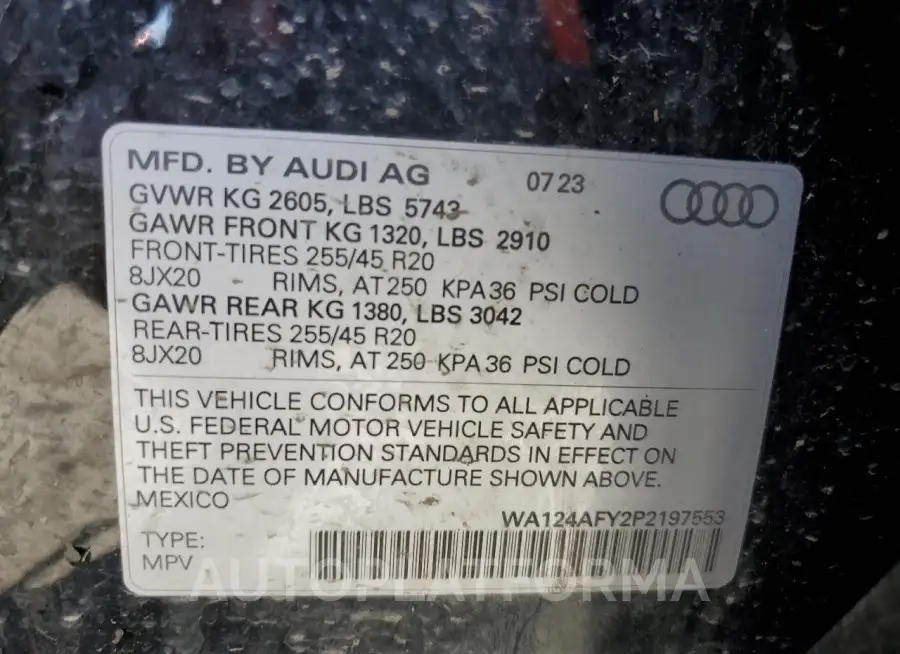 AUDI SQ5 SPORTB 2023 vin WA124AFY2P2197553 from auto auction Copart