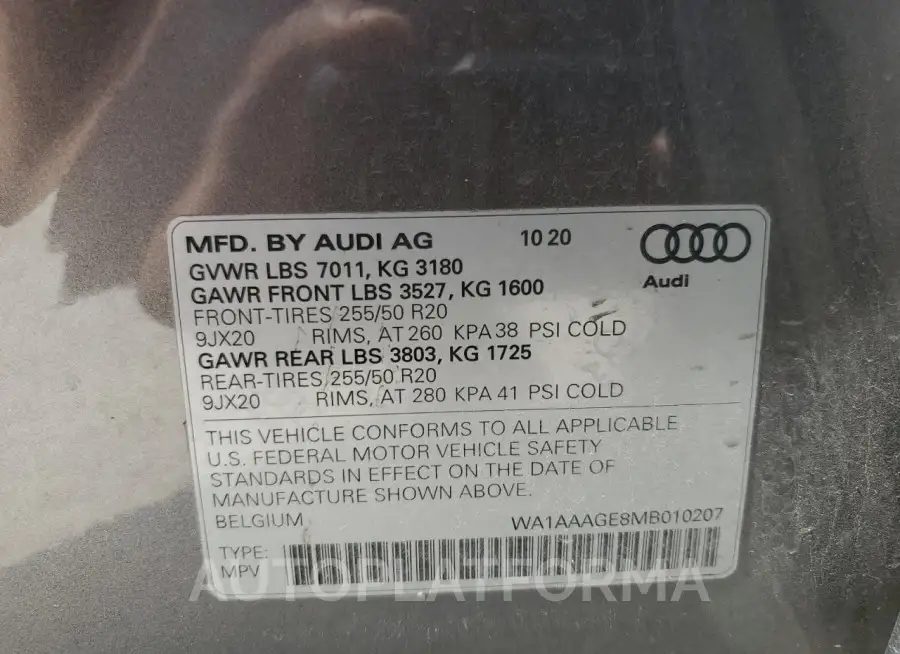 AUDI E-TRON PRE 2021 vin WA1AAAGE8MB010207 from auto auction Copart