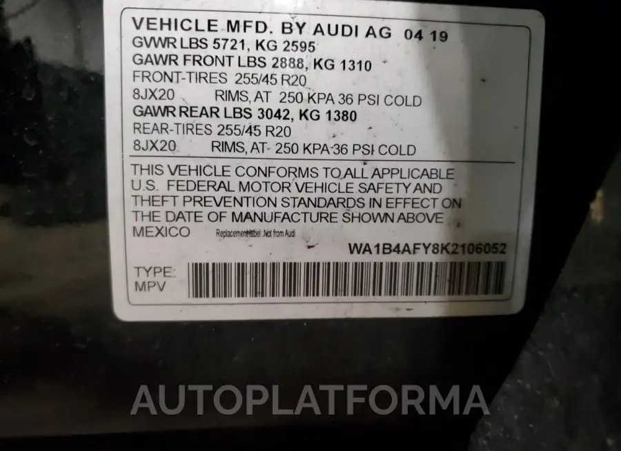 AUDI SQ5 PREMIU 2019 vin WA1B4AFY8K2106052 from auto auction Copart