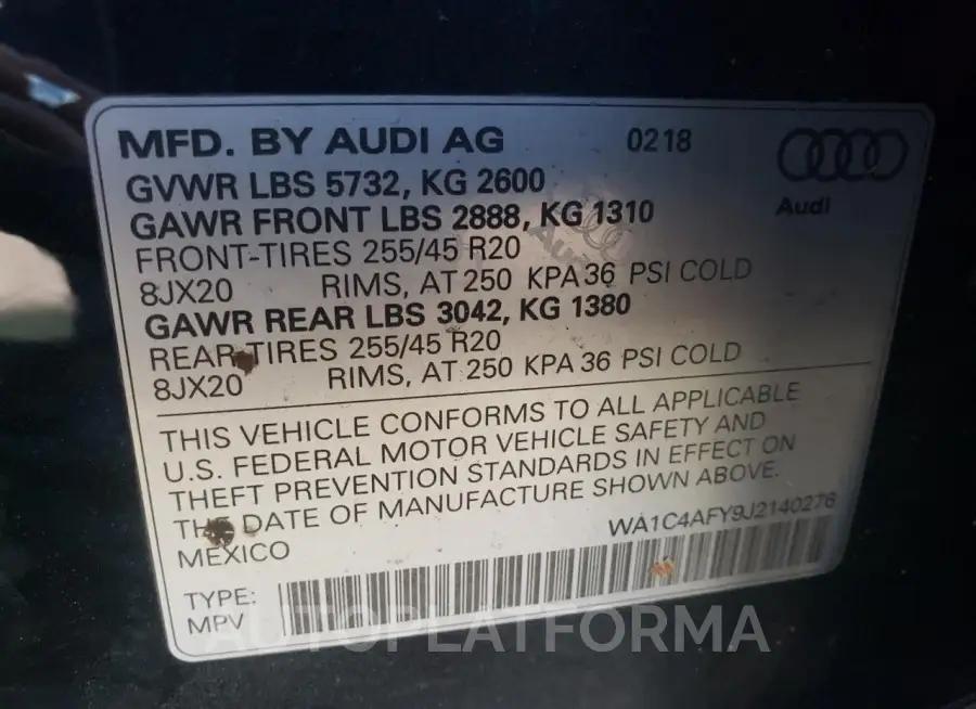 AUDI SQ5 PRESTI 2018 vin WA1C4AFY9J2140276 from auto auction Copart