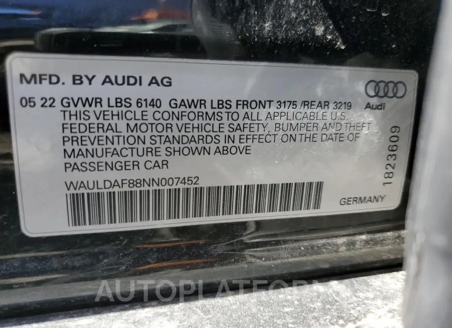 AUDI A8 L 2022 vin WAULDAF88NN007452 from auto auction Copart