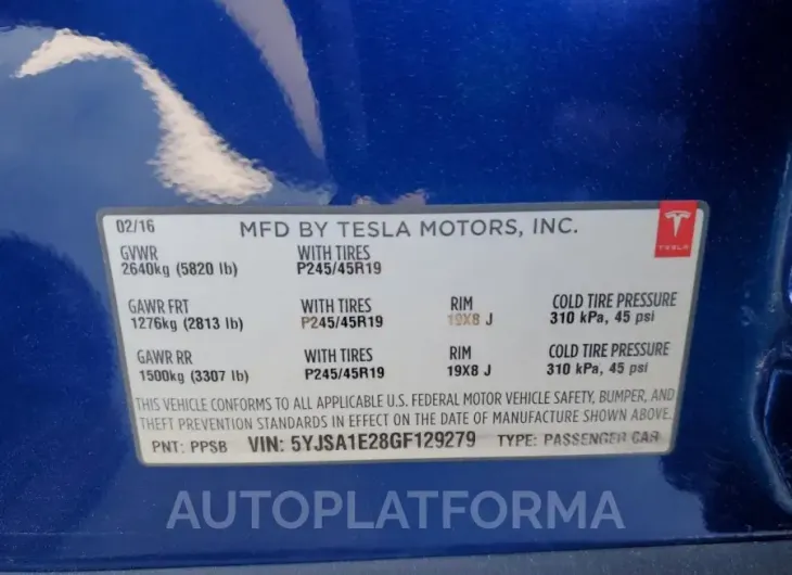 TESLA MODEL S 2016 vin 5YJSA1E28GF129279 from auto auction Copart