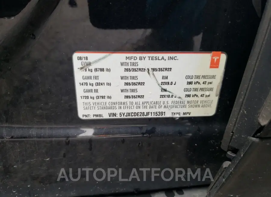 TESLA MODEL X 2018 vin 5YJXCDE28JF115391 from auto auction Copart