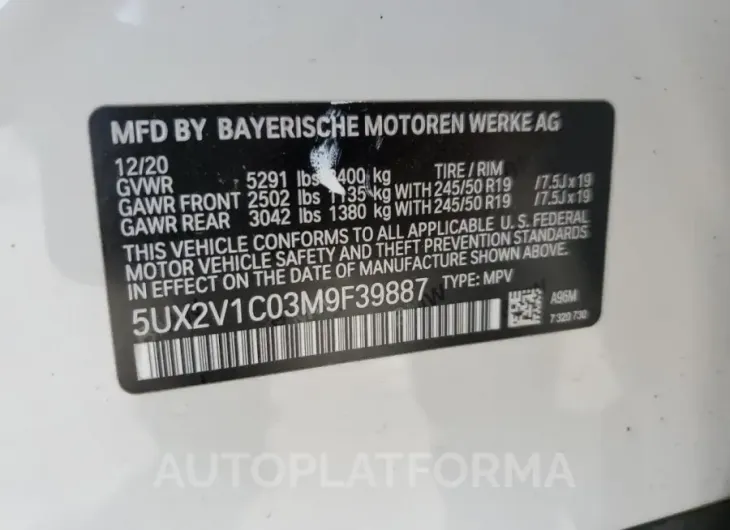 BMW X4 XDRIVE3 2021 vin 5UX2V1C03M9F39887 from auto auction Copart