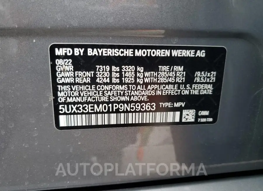 BMW X7 M60I 2023 vin 5UX33EM01P9N59363 from auto auction Copart