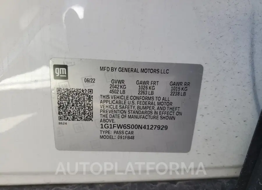 CHEVROLET BOLT EV 1L 2022 vin 1G1FW6S00N4127929 from auto auction Copart