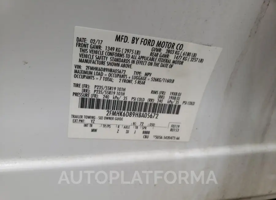 FORD FLEX LIMIT 2017 vin 2FMHK6D89HBA05672 from auto auction Copart