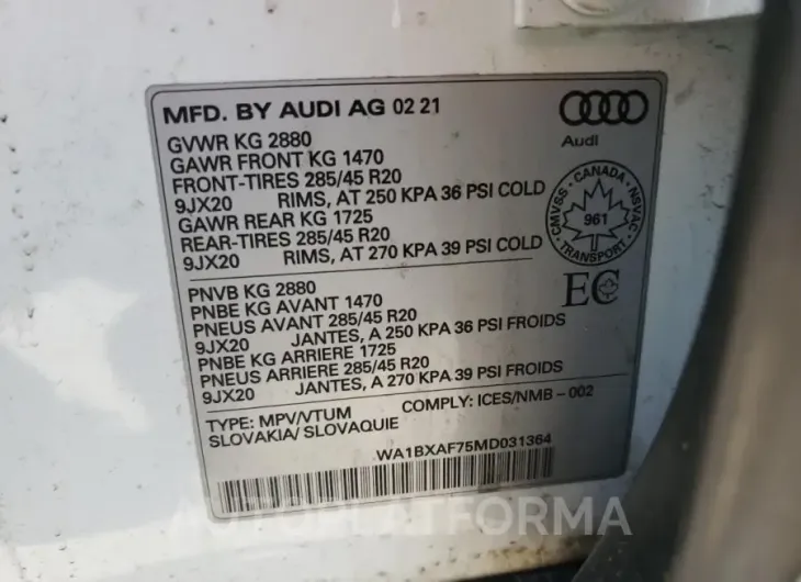 AUDI Q7 KOMFORT 2021 vin WA1BXAF75MD031364 from auto auction Copart