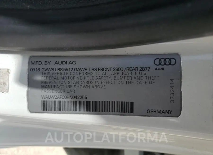 AUDI A7 PREMIUM 2017 vin WAUW2AFC0HN042255 from auto auction Copart