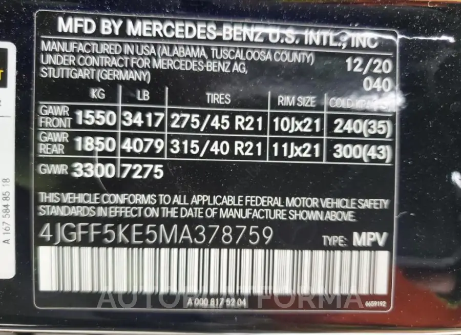 MERCEDES-BENZ GLS 450 4M 2021 vin 4JGFF5KE5MA378759 from auto auction Copart