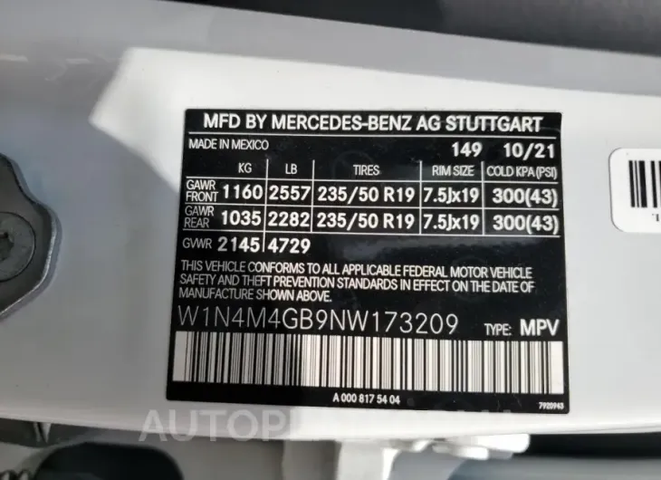 MERCEDES-BENZ GLB 250 2022 vin W1N4M4GB9NW173209 from auto auction Copart