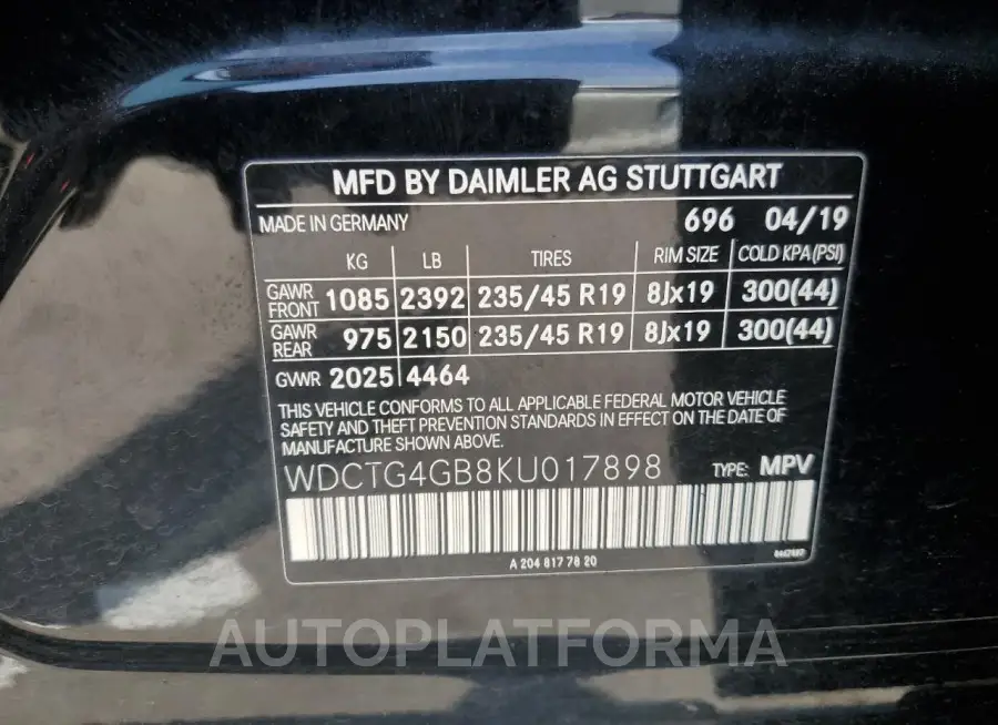 MERCEDES-BENZ GLA 250 4M 2019 vin WDCTG4GB8KU017898 from auto auction Copart