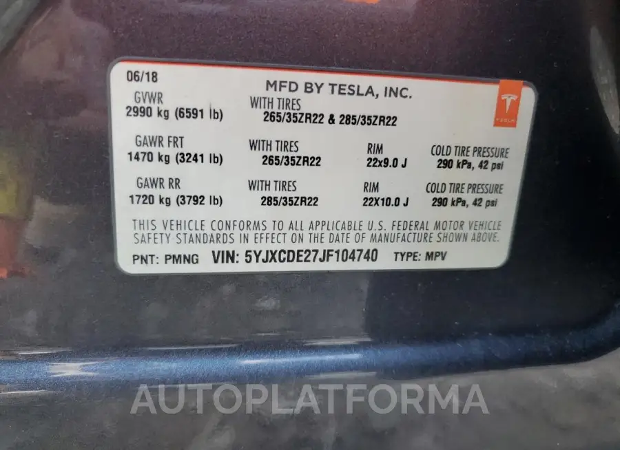 TESLA MODEL X 2018 vin 5YJXCDE27JF104740 from auto auction Copart