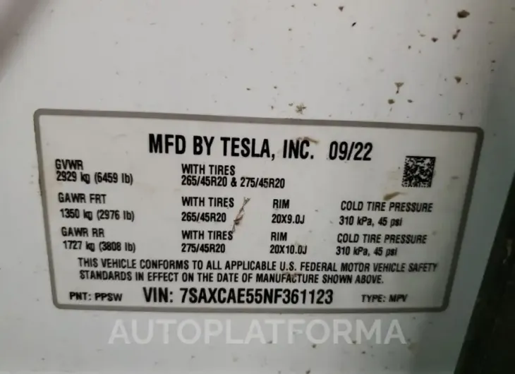 TESLA MODEL X 2022 vin 7SAXCAE55NF361123 from auto auction Copart