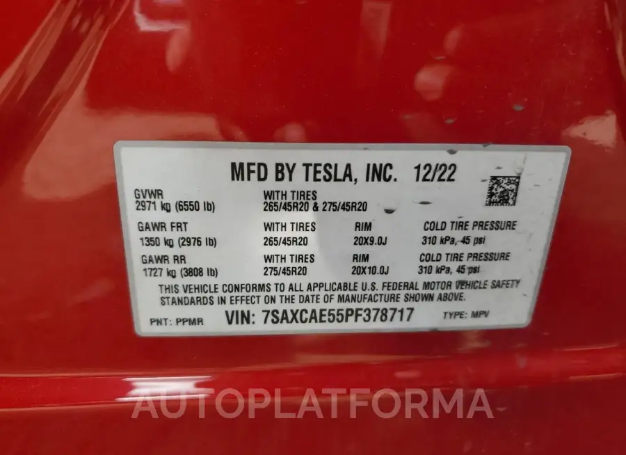 TESLA MODEL X 2023 vin 7SAXCAE55PF378717 from auto auction Copart