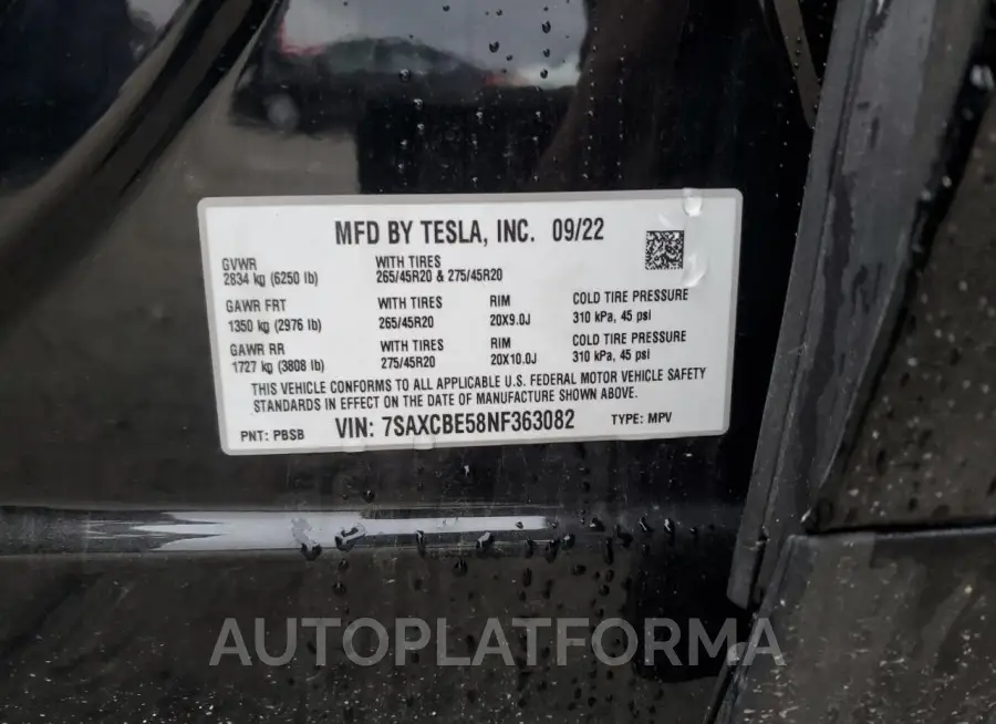 TESLA MODEL X 2022 vin 7SAXCBE58NF363082 from auto auction Copart