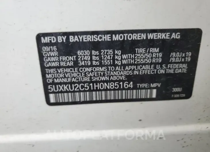 BMW X6 XDRIVE3 2017 vin 5UXKU2C51H0N85164 from auto auction Copart