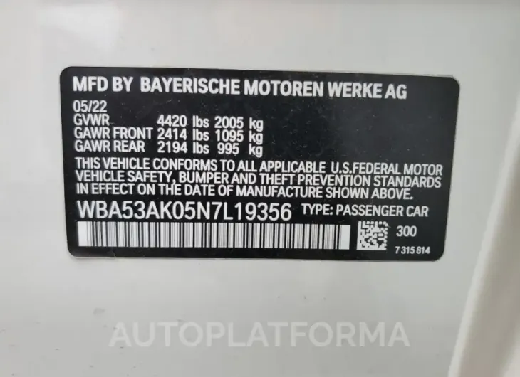 BMW 228I 2022 vin WBA53AK05N7L19356 from auto auction Copart