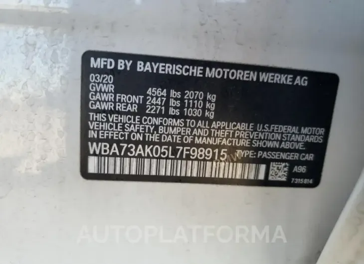 BMW 228XI 2020 vin WBA73AK05L7F98915 from auto auction Copart